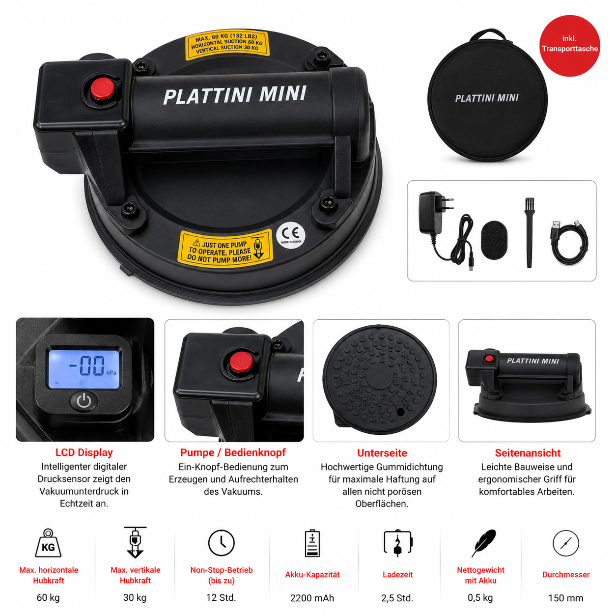 Akku-Vakuum-Saugheber "PLATTINI MINI" 60kg
